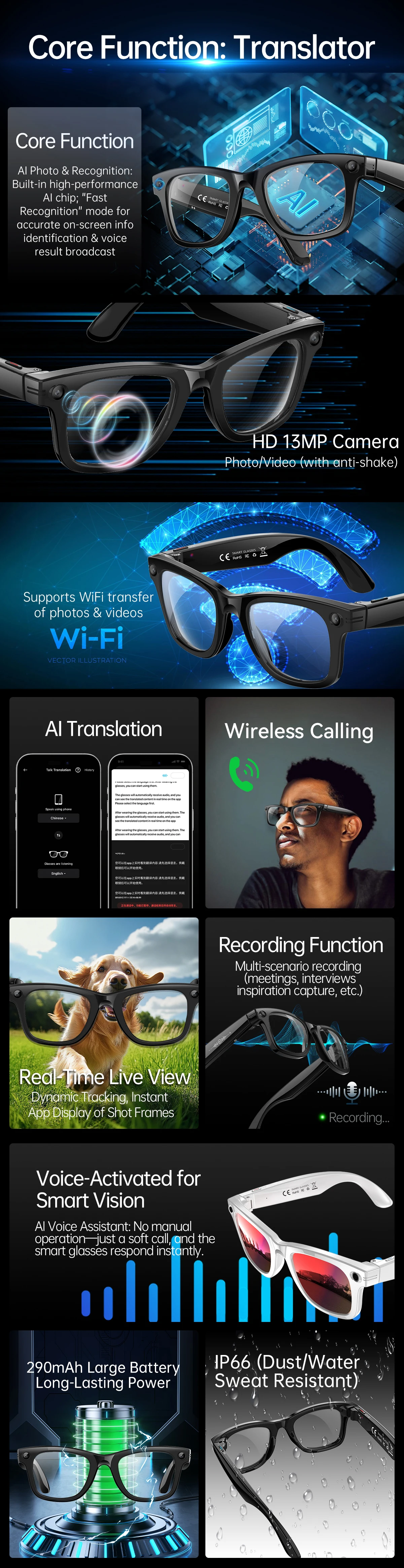 2026 Smarte KI-Brille für Herren mit 1080P HD-Videoaufnahme, ChatGPT-Integration, Bluetooth-Anruffunktion, 32GB ROM und Sprachübersetzung – Detail 2