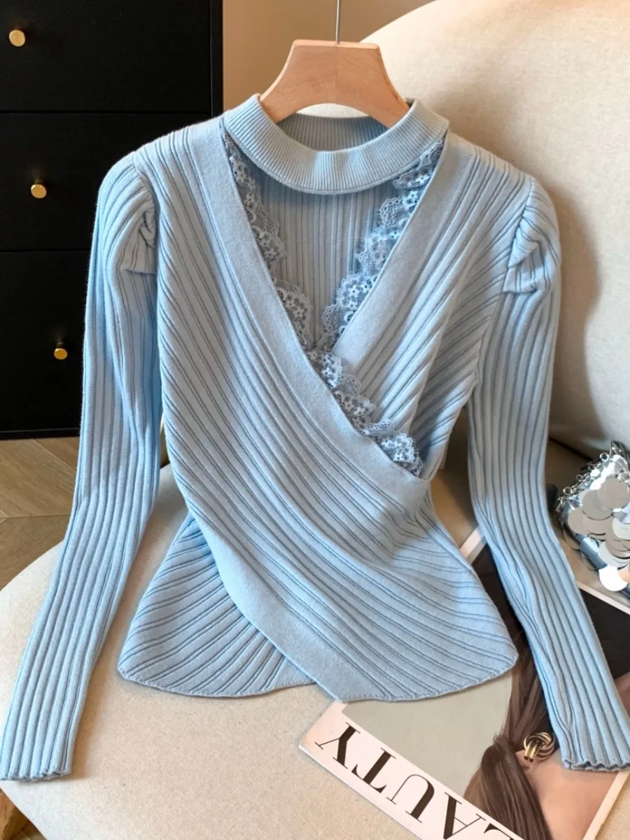 

Женский вязаный свитер с кружевными вставками и длинными рукавами, осенняя новинка, модный дизайн, корейский стиль, для повседневной носки