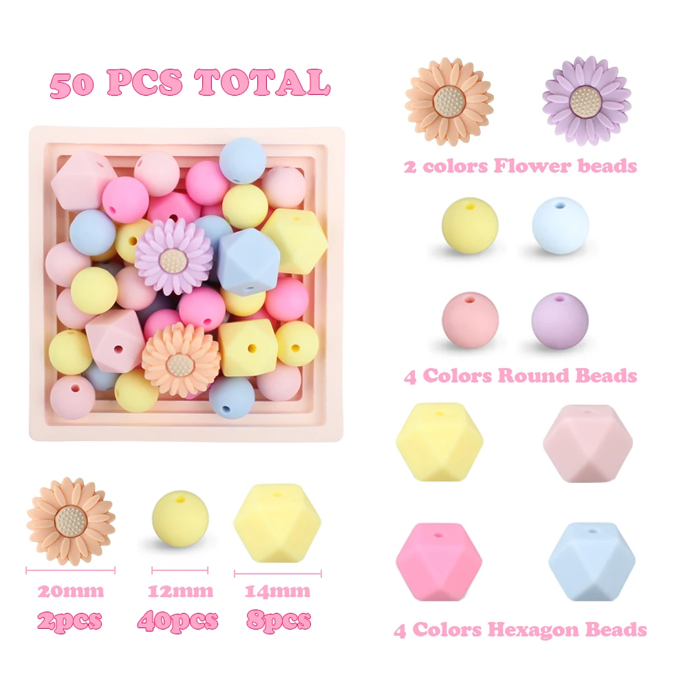 50Pcs/Set Flower Hexagon Round Silicone Beads Nuring Teething Beads Sets DIY Necklaces Bracelets Jewellery Accessories