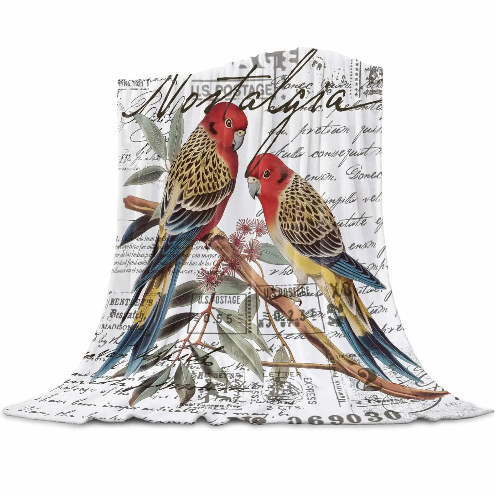 Vintage Bird Hand Drawn Envelope Blankets Portable Soft Throw Blanket for Bed Office Bedspread Home Decor Flannel Blanket