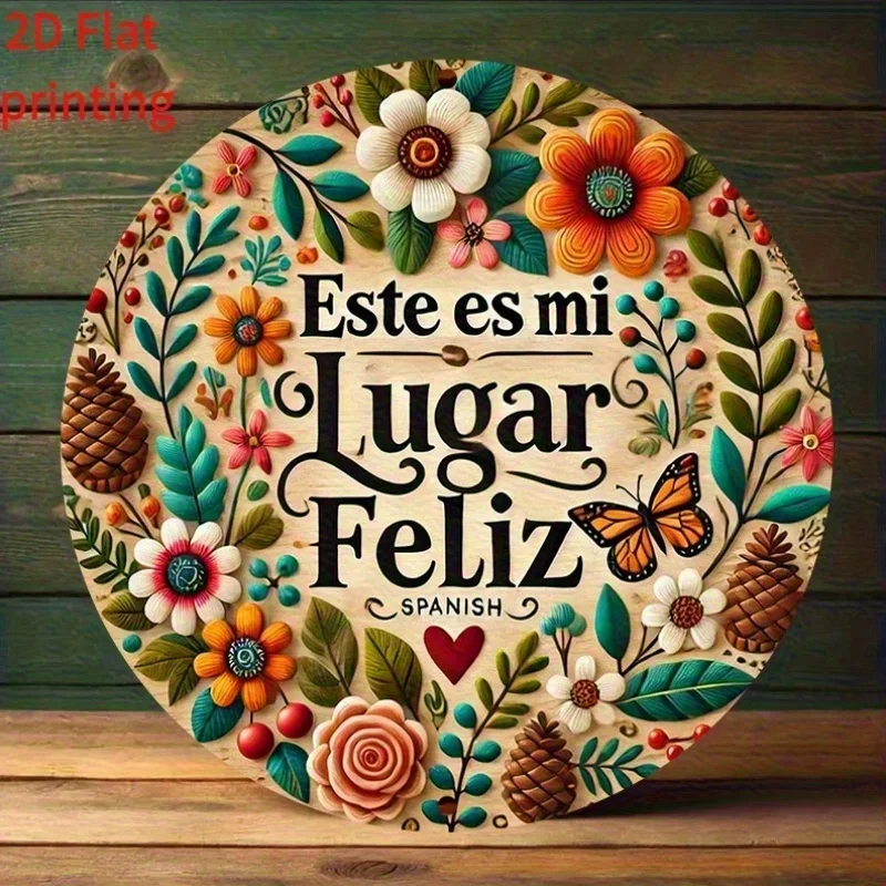 [فن حائط إسباني عتيق] لوحة فنية جدارية خشبية ذات اقتباس إسباني عتيق - علامة زخرفية "Esta Es Mi Lugar Feliz" مع زهور وبوتاني