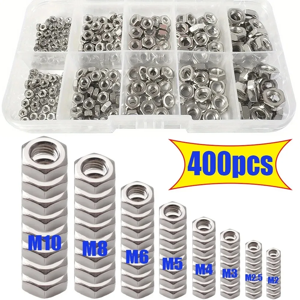400-Piece Stainless Steel Hex Nut Set M2-M10, for Industrial Equipment Accessories, Home and Outdoor Building Maintenance.