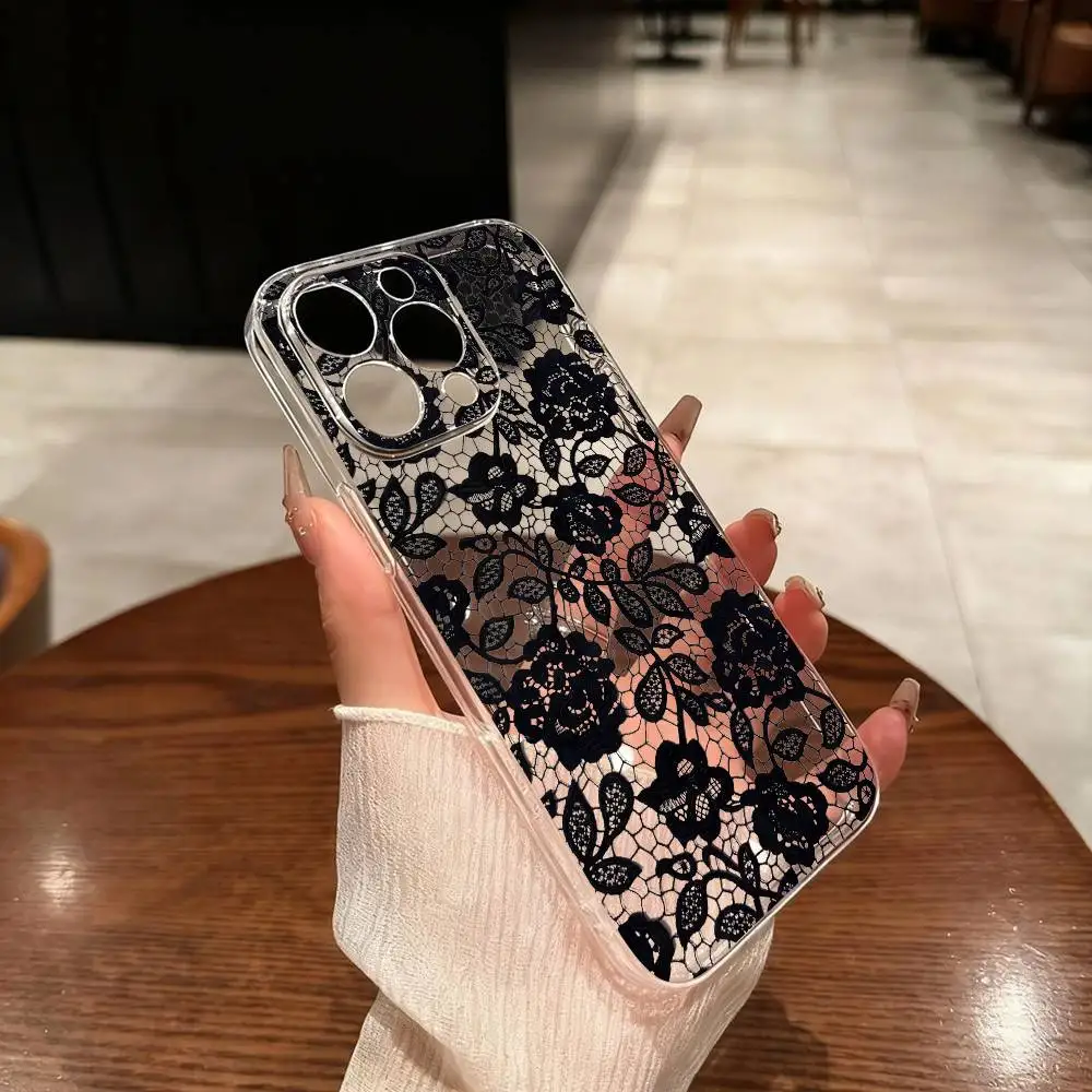 Personalized Lace Pattern Phone Case For iPhone 17 16 15 14 13 12 11 Mini Pro Max Plus Transparent Cover