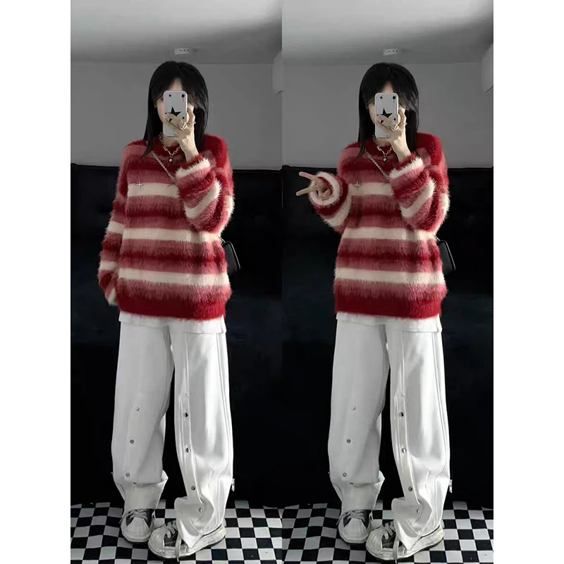 YIBASHU Women's Red Striped Pullover O-Neck Sweater Vintage 2000s Jumper Knit Long Sleeves Cashmere Sweater Autumn Winter 2025