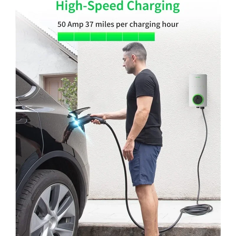 Home Level 2 EV Charger up to 50Amp, 240V, Indoor/Outdoor Car Charging Station, Flexible 25-Foot Cable,Hardwired, Silver