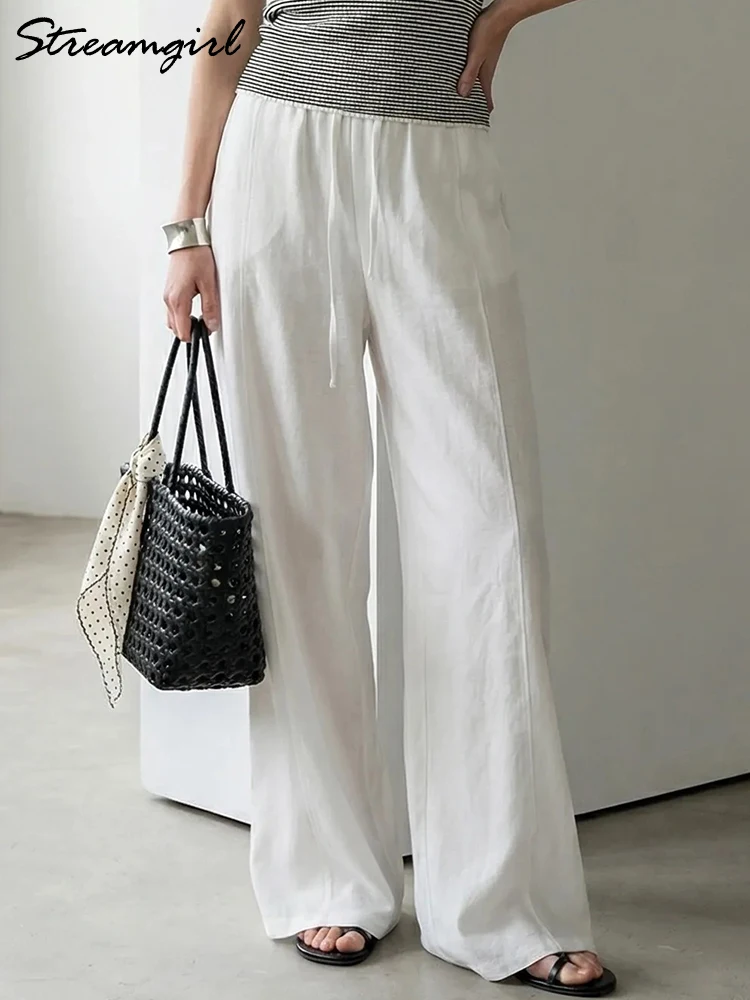 

Streamgirl White Wide Leg Pants Women Summer Cotton Thin Oversize Trousers Loose Buttom Oversize Women's Blue Pants Baggy 2026