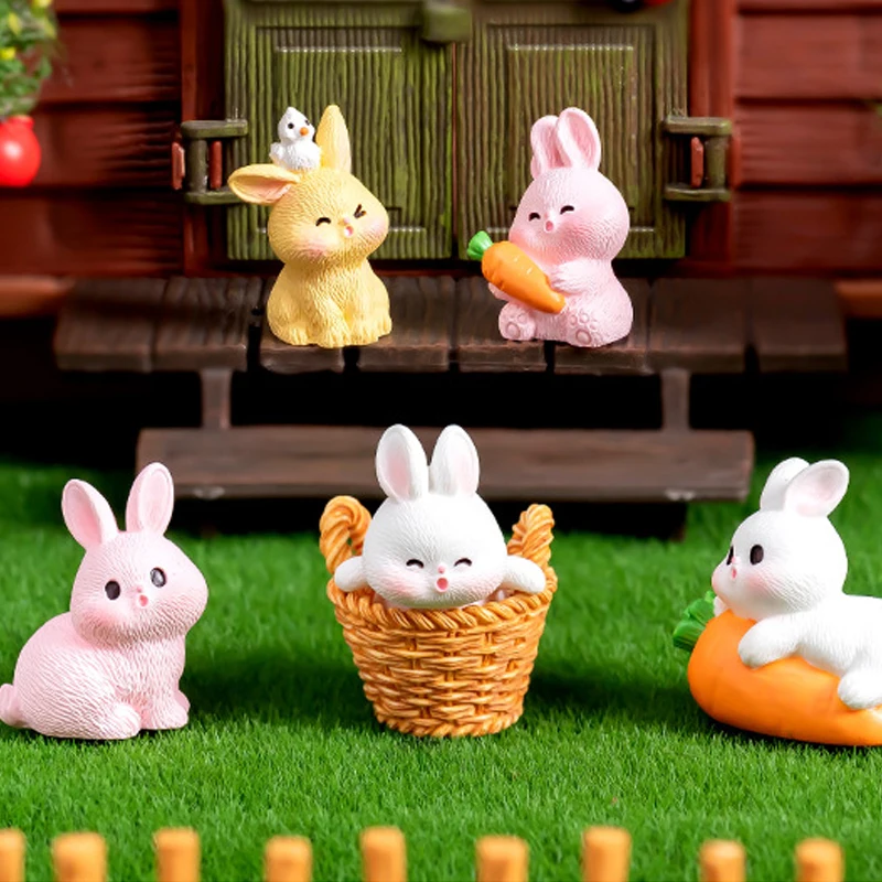 

Cute Bunny Rabbit Cartoon Animal Carrot Micro Landscape Plant Ornament Garden Decor Miniatures Figurine Resin Craft Bonsai drops