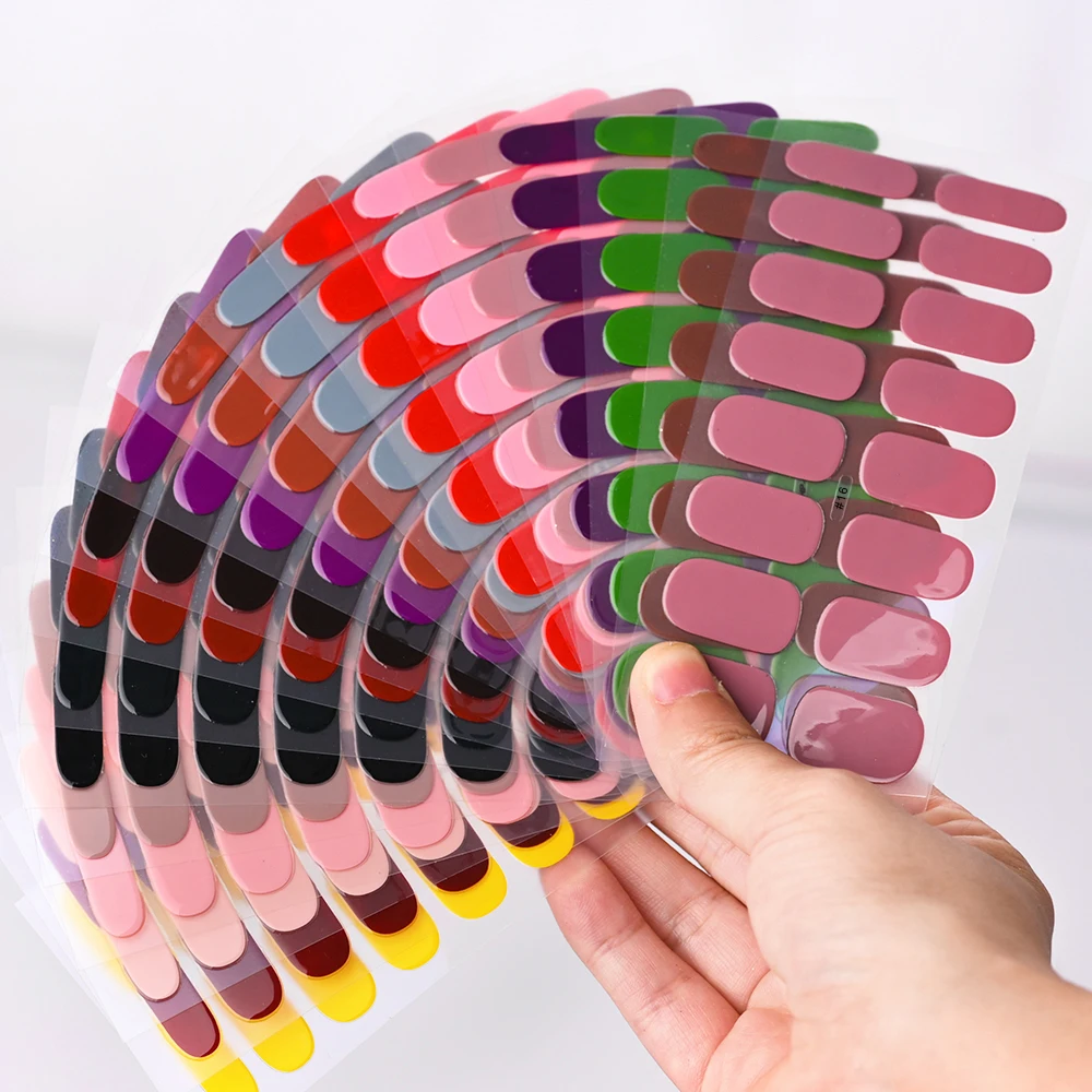 1Pcs Semi-Cured UV Gel Nail Sticker Pure Color Full Cover Waterproof Long-lasting Nail Strips 16Tips DIY Nail Polish Stickers *&