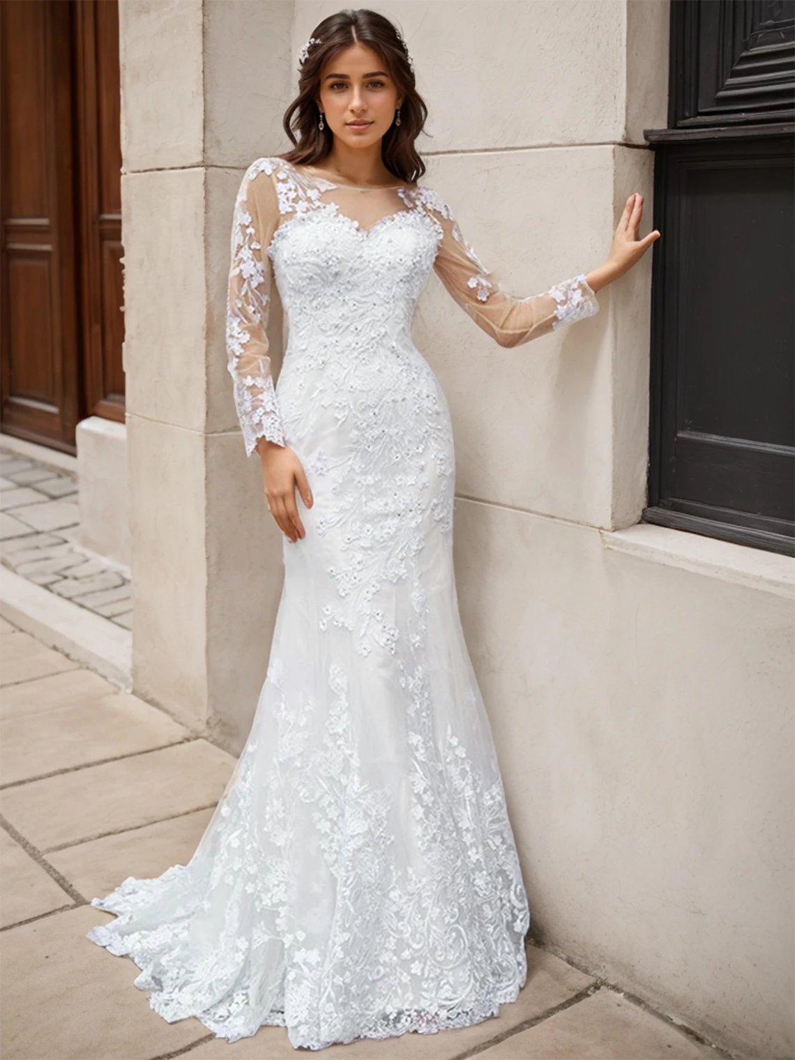 

Elegant Modern Mermaid Wedding Dress Scoop Neck Long Sleeves Sweep/Brush Train Tulle Appliques Bridal Gown 2025 Free Customized