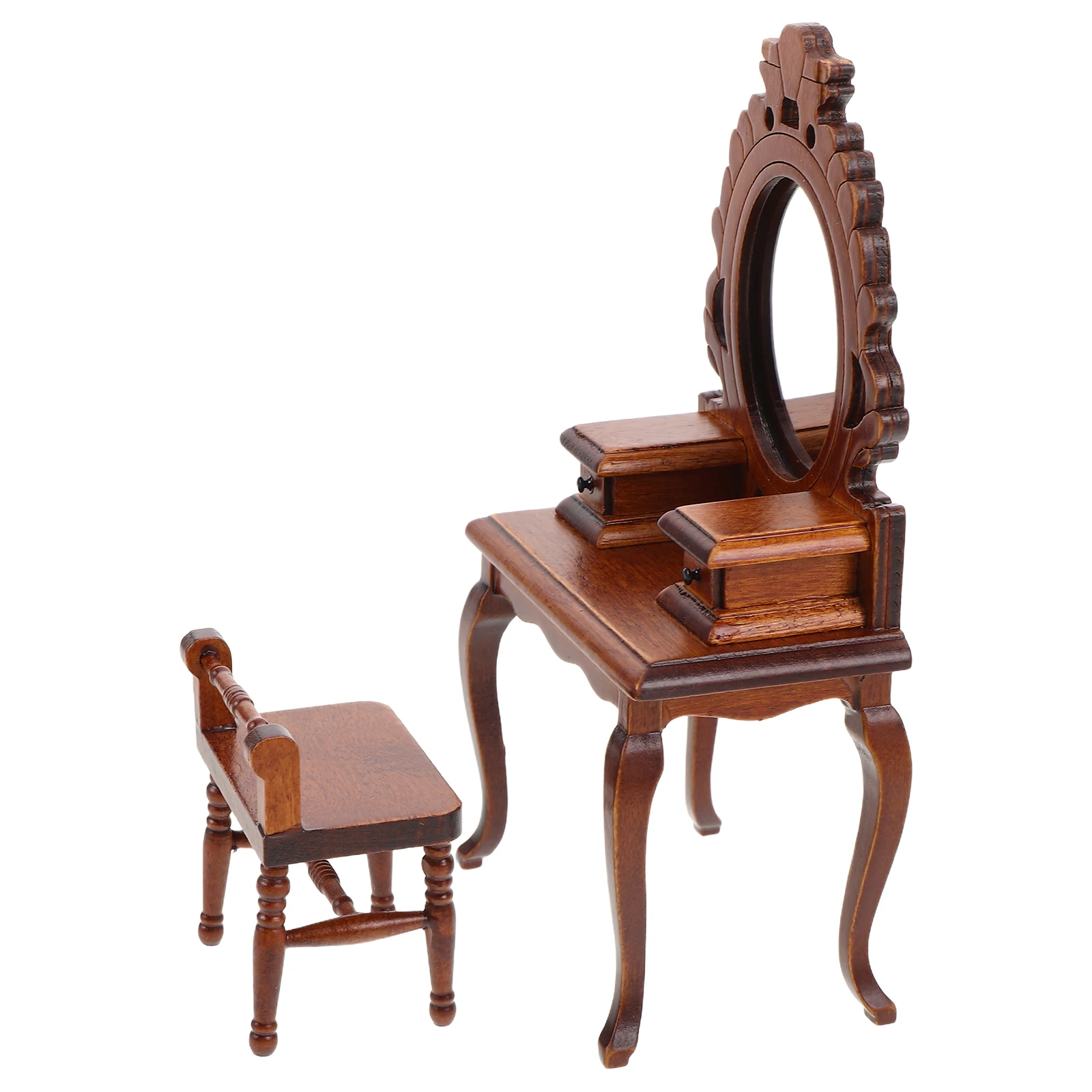 Mobili in miniatura vintage Tavolo da toeletta in legno in scala 1:12 Set di sgabelli Mini armadietto per camera da letto per casa delle bambole per ragazze che giocano