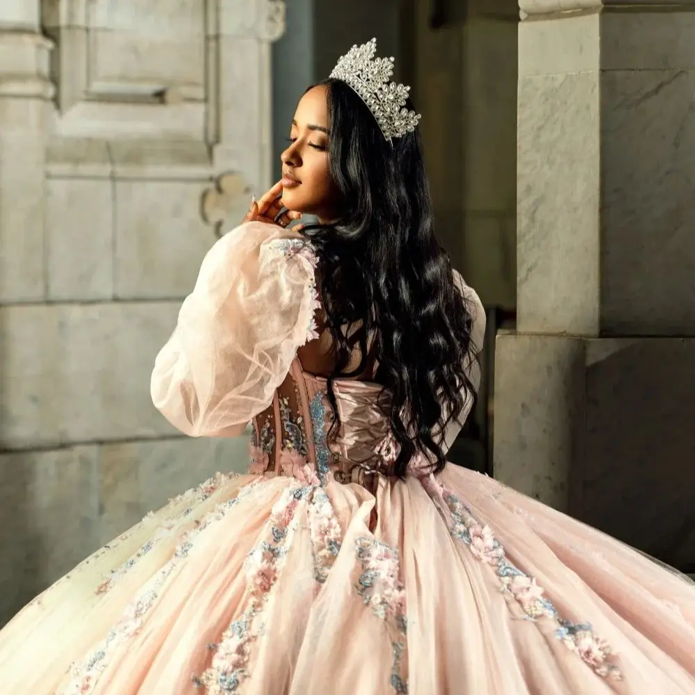 فستان FURSTENBERG Quinceeneara للفتيات السود بأكمام طويلة وطول الأرض فساتين حفلات الزهور 15 Anos Vestido مخصص #2