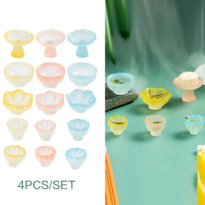 4pcs/set Dollhouse Miniature Fruit Dish Plate Tall Tray Cake Plate Tea Bowl Model Kitchen Accessories For Doll House Decor Toys