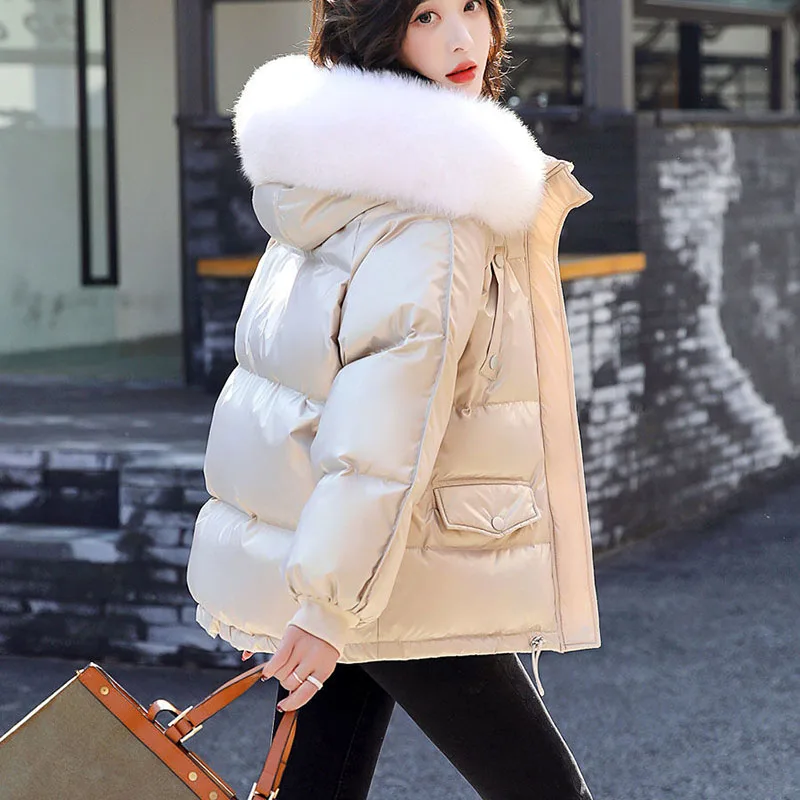 2024 New Korean Fashion Bright White Duck Down Loose Women's Down Jacket Winter Warm Hooded Solid Color Women's Down Jacket H172