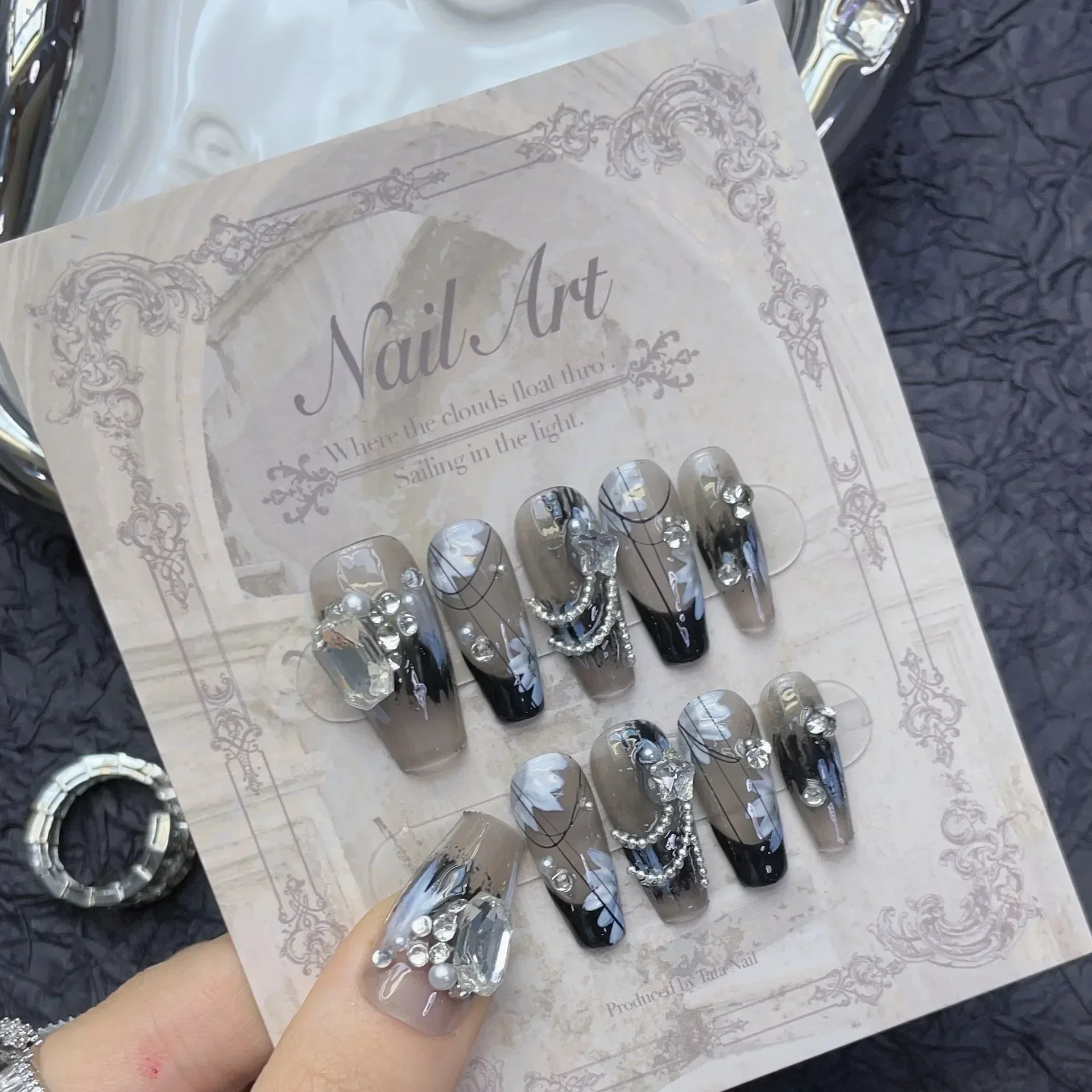 10Pcs Black Handmade Press on Nails Flower Ballet Wearable Rhinestone False Nails Decoration Chinese Manicure Fake Nails Tips