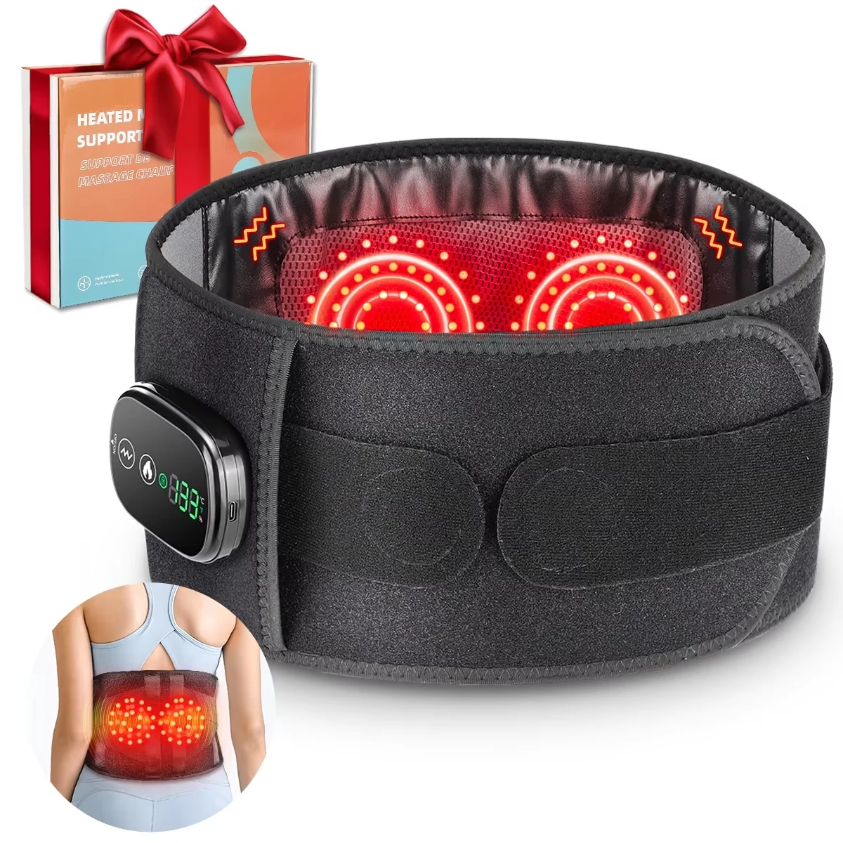 Heated Massage Waist Belt Red Light Therapy Body Belt Wearable Infrared Heating Vibration Wrap for Office Travel Sports Recovery