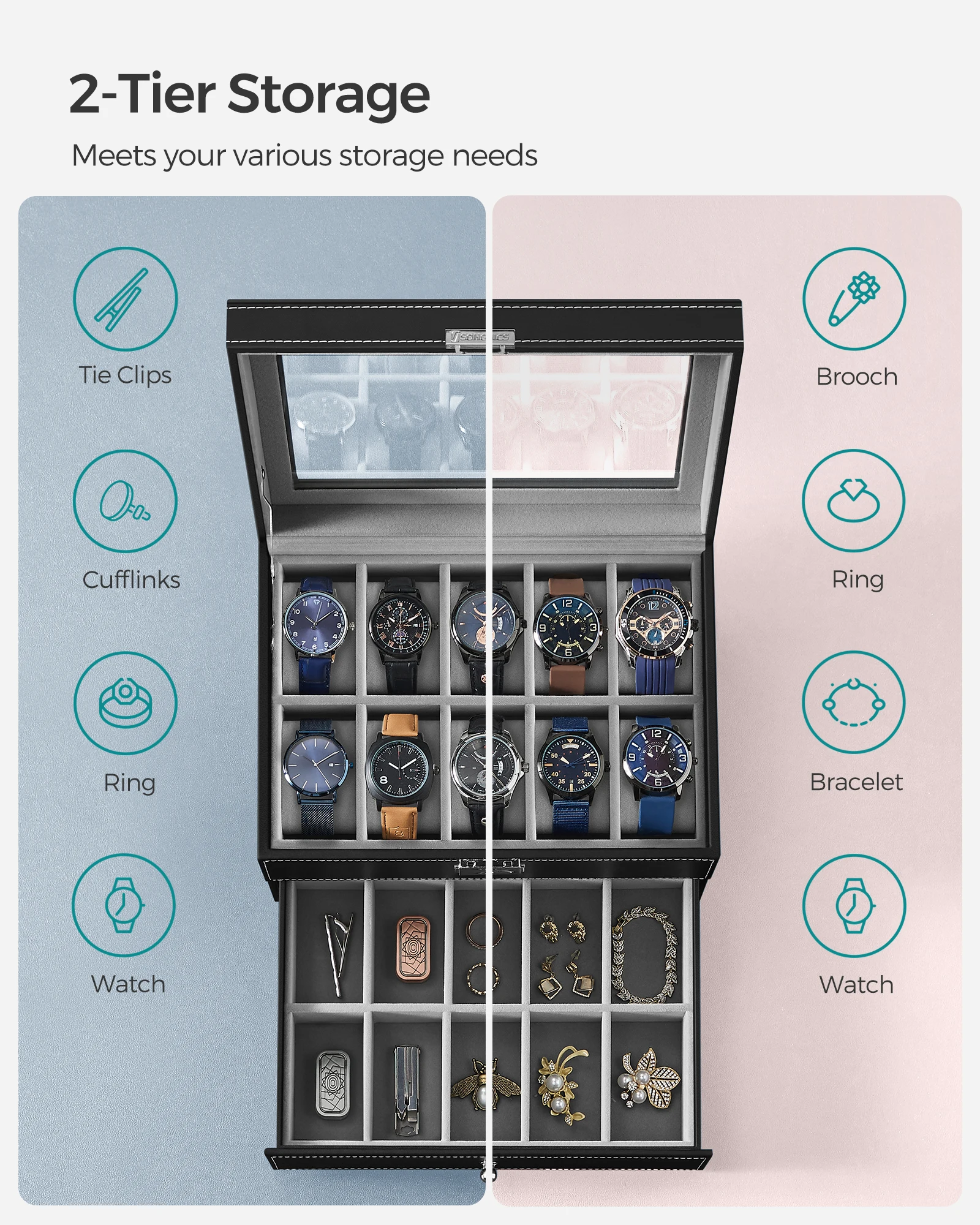 SONGMICSHOME صندوق ساعة جلد صناعي أسود 20 فتحة حافظة ساعة مع غطاء زجاجي 2 طبقات حافظة عرض ساعة قابلة للقفل