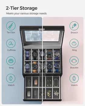 SONGMICSHOME 黑色合成皮革手錶盒,20 位元表位,附玻璃蓋,雙層可鎖手錶展示盒 8 最佳銷售 軍用儲物箱 - №7