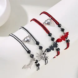 2Pcs/Set Gothic Spider Bat Braided Rope Bracelet For Women Men Heart Magnetic Matching Couple Bracelets Halloween Jewelry Gift