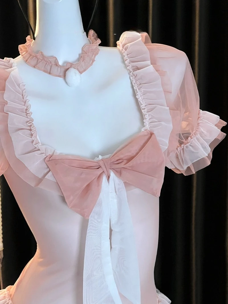 Bunny Girl Lingerie Set with Bow and Lace Trim,Sexy One-piece Pure Desire Outfit for Women,Romantic Cosplay Costume,Playful