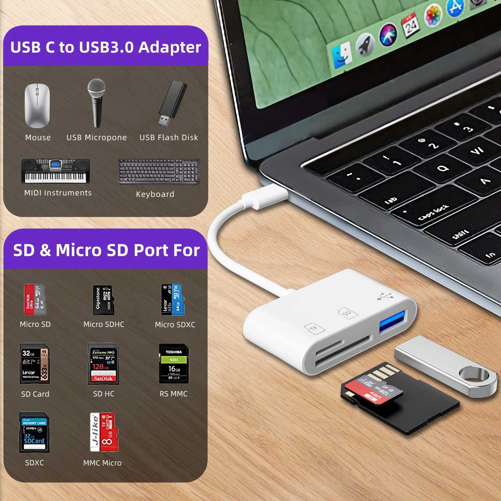 3-in-1 SD Card Reader OTG Adapter 2.0/3.0 Port Compatible For iPhone 15 MacBook Pro Laptop PC Camera Mobile Phones