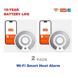 Wi-Fi Smart Heat Detector with Tuya App control, Tuya Smart Heat Alarm with Sealed 10-Year Li-Battery, BS 5446-2, VH03W, 2-Pack