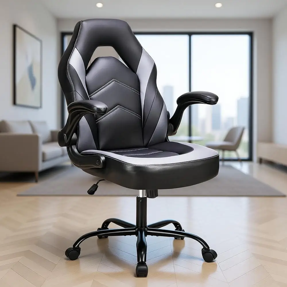 

Leather Ergonomic Gaming Chair with Adjustable Swivel and Flip-up Arms for Adults and Teens, Grey