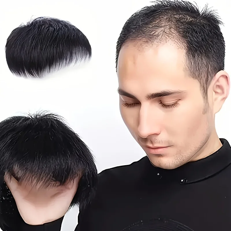 Men\'s short top black synthetic wig, easy to clip in, stylish design for balding and thinning hair types