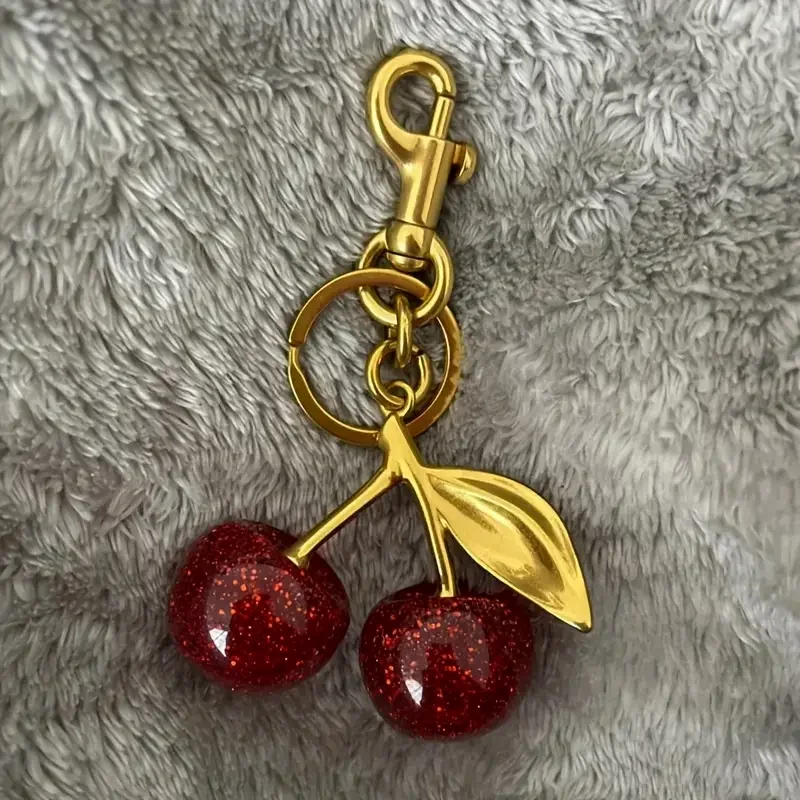 Golden Cherry Keychain Charm, Elegant Bag Accessory