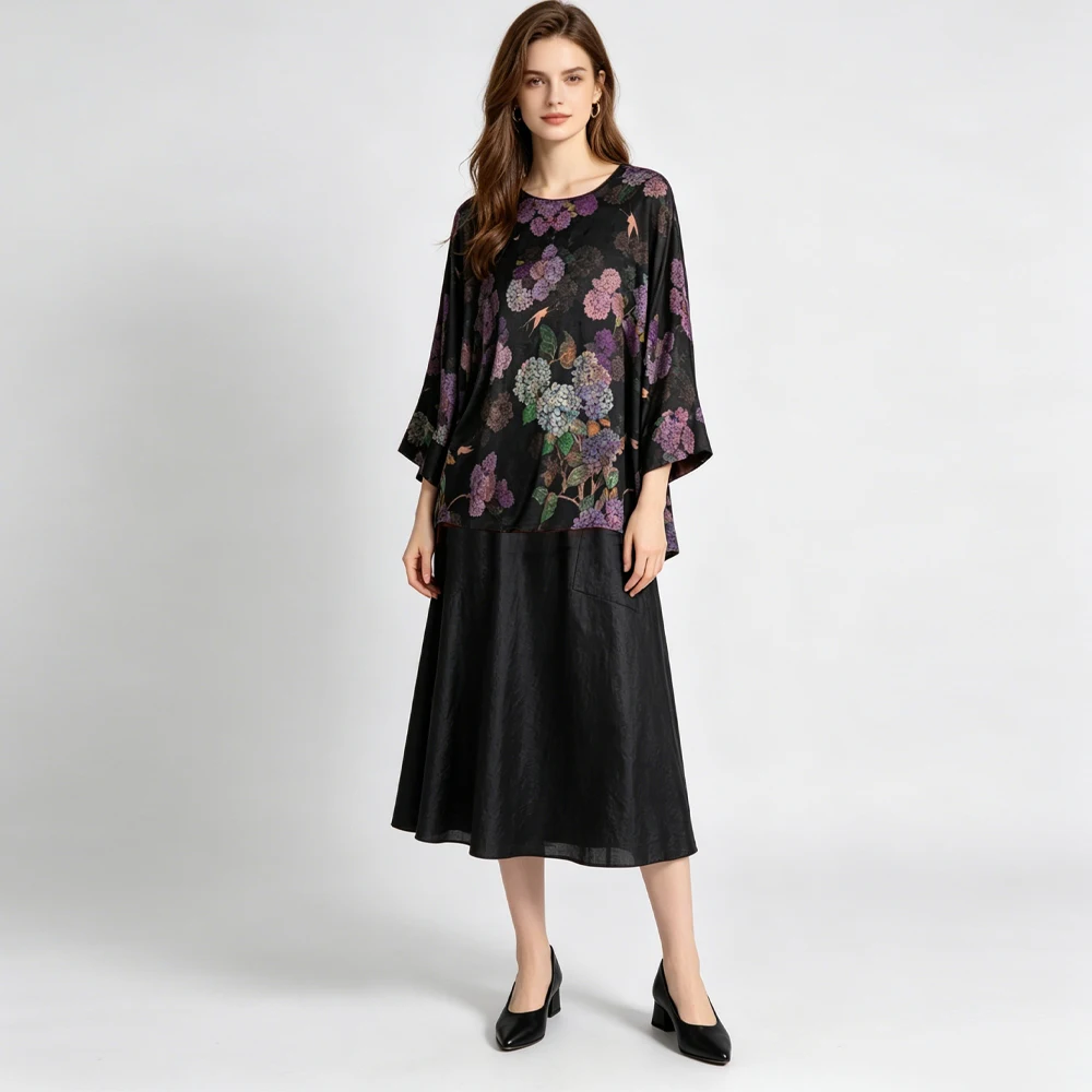 2026 Women's Fashion Summer New 100% Natural Mulberry Silk Gambiered Guangdong Gauze Black Hydrangea Loose Round Neck T-shirt