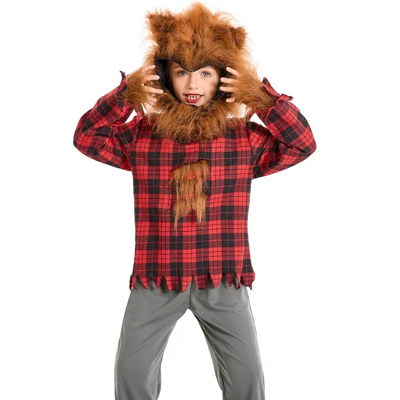 Halloween Kids Girls Boys Werewolf Animal Costume Little Red Riding Big Grey Wolf Cosplay Kids Hungry Fierce Wolfman Costume