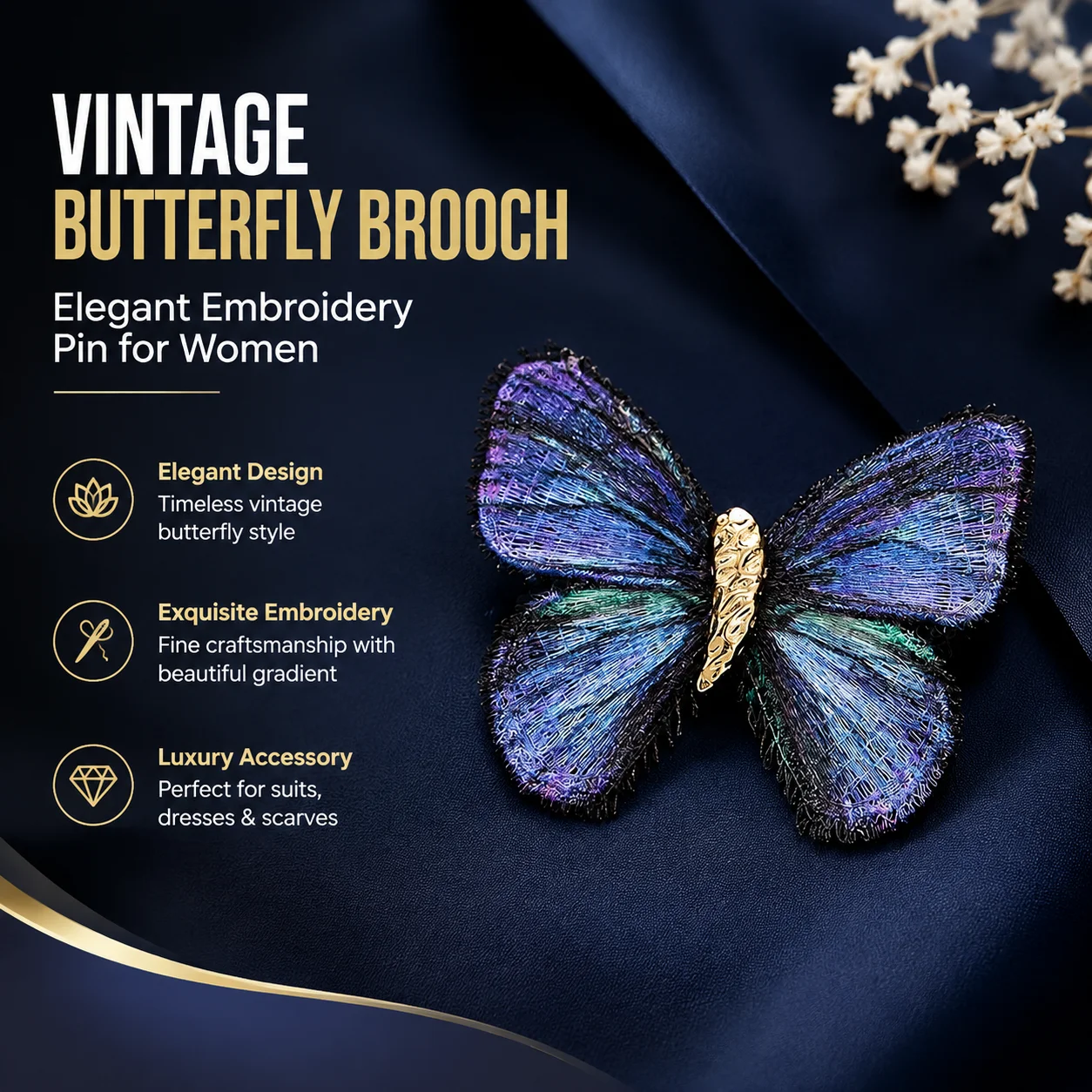 Vintage Butterfly Brooch Elegant Gradient Embroidery Corsage Pin Luxury Suit Accessory for Women