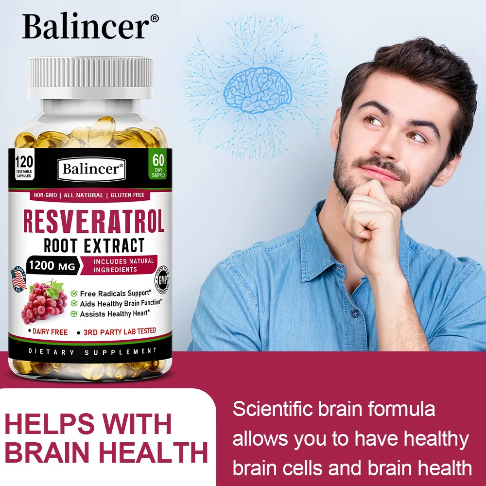 

Resveratrol Root Extract 1200mg, Free Radical Support, Promote Brain and Heart Health, Non-GMO, Gluten-free