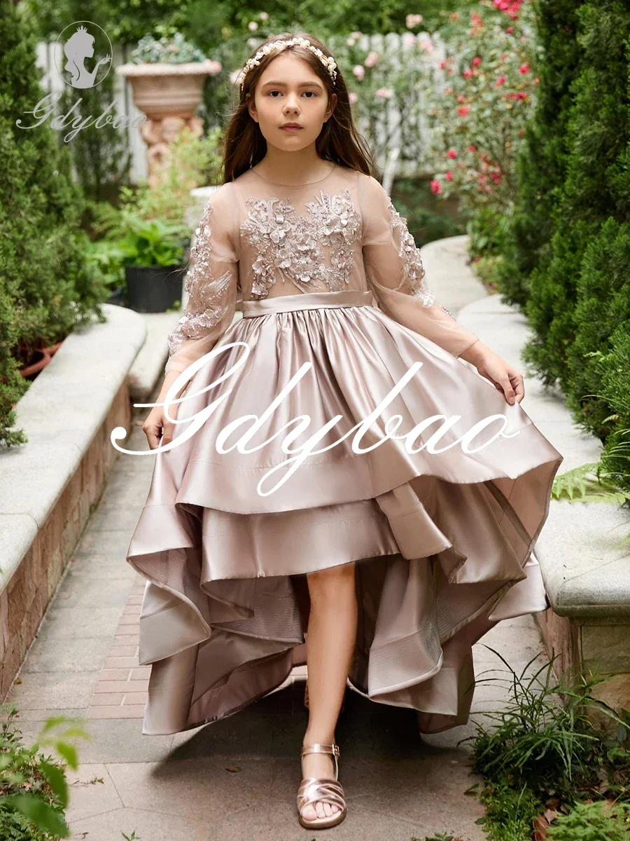 

Tiered Ruffles Wedding Flower Girl Dresses With Bow Lace Appliqued Princess Pageant Dress High Low First Holy Communion Gowns