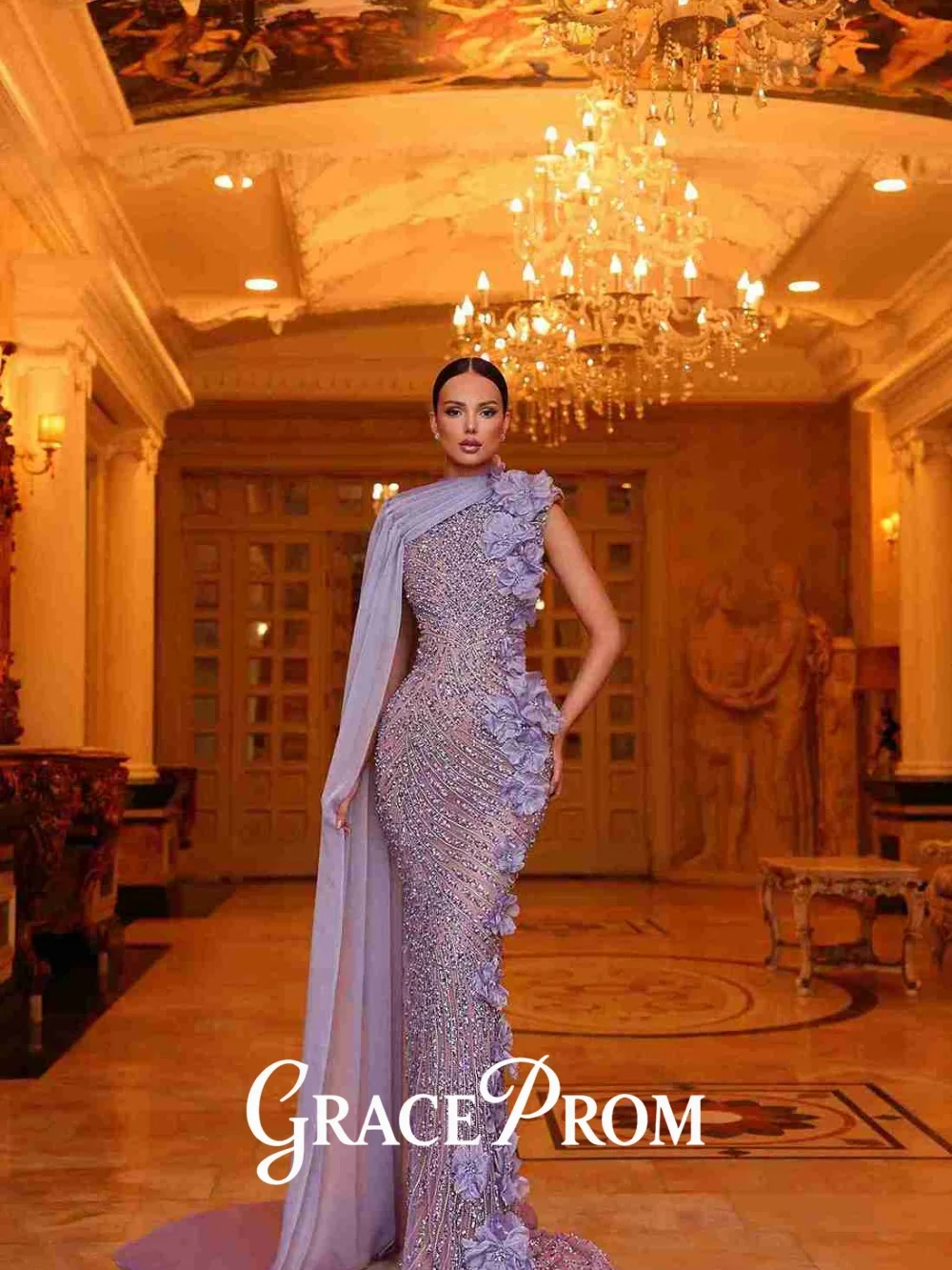 

Luxury Sleeveless Evening Dress 2026 Graceful Cape Beaded Evening Gown Charming Diamond Floor Length Party Gown Customized