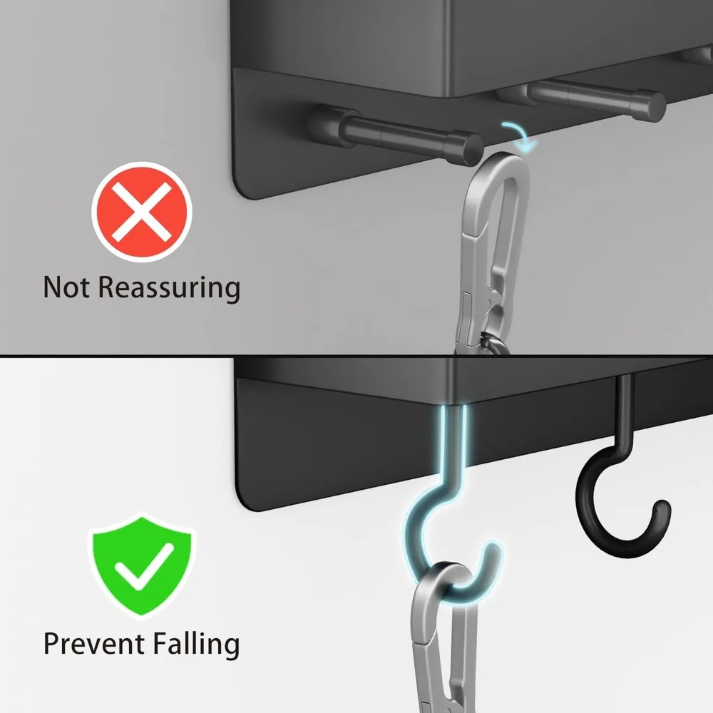 Black Key Holder Wall Mount, Stainless Steel Self Adhesive Hooks Rack with Shelf, No Drill Key Hanger for Door and Wall