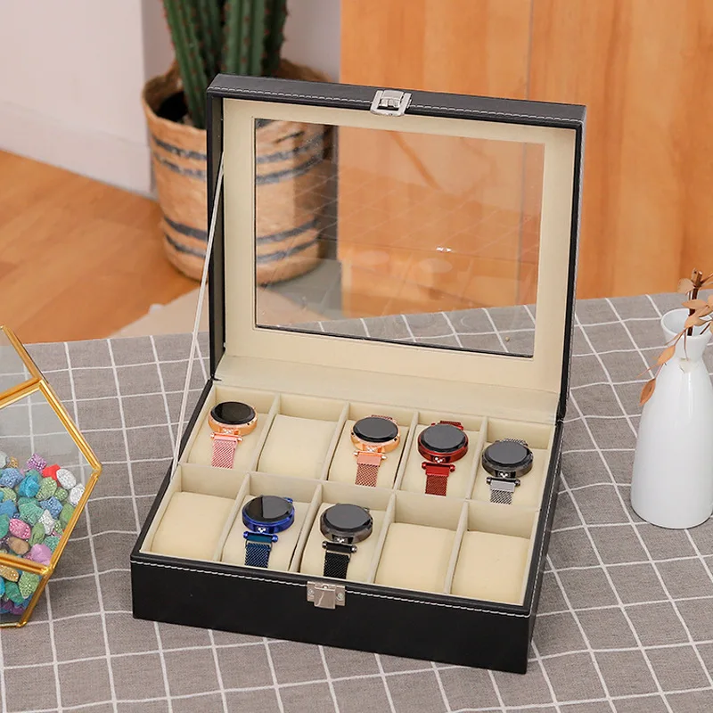 VANSIHO 2/3/4/5/6/10/12 Slots Beige  PU Leather Watch Display  Boxes Cases Organizer Glass Jewelry Storage Handmade Grey Inner