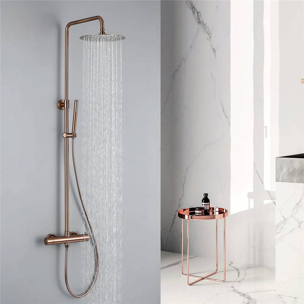 

Brush Gold Thermostattic Bathroom Shower Faucet Brush Rose Gold Bathroom Rainfall Shower Faucet Grey Bath and Shower Faucet Set