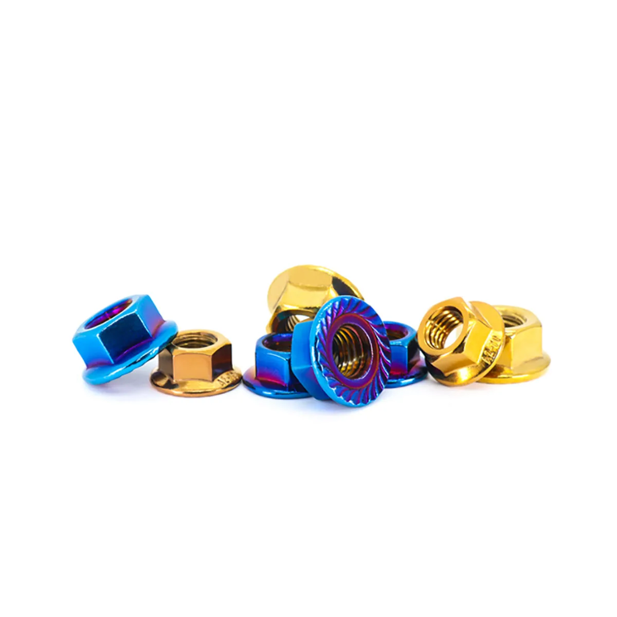 304 Stainless Steel Titanium Blue Titanium Gold Embossed Hexagonal Flange Anti Loosening Tooth Nut For Motorcycle Modification