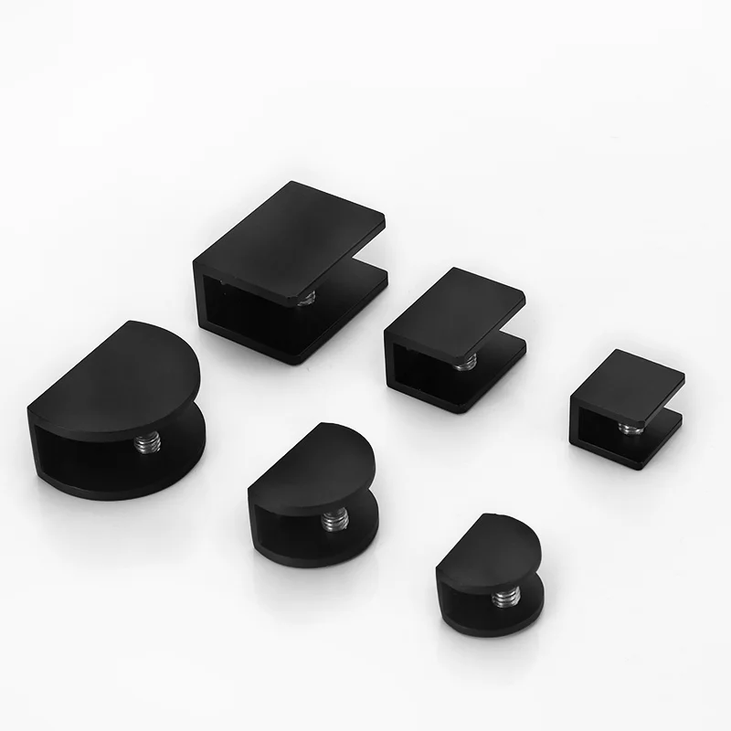 4 teile/paket Glas Clips Schellen Raum Aluminium # LJ69K Überzogene Klammern Regal Halter Unterstützung Halbkreis Rechteck Schwarz Hardware