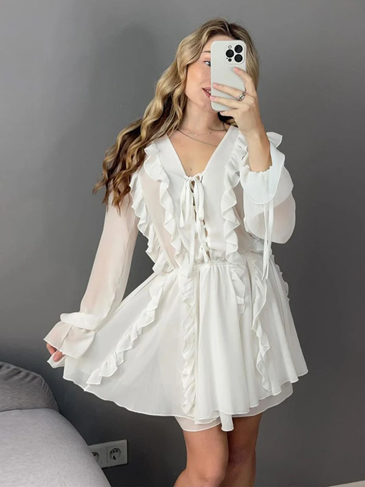

Chiffon V-neck Ruffles Mini Dresses Women Elegant Loose White Lace Up Long Sleeved Dress Lady Spring Chic High Street Robes
