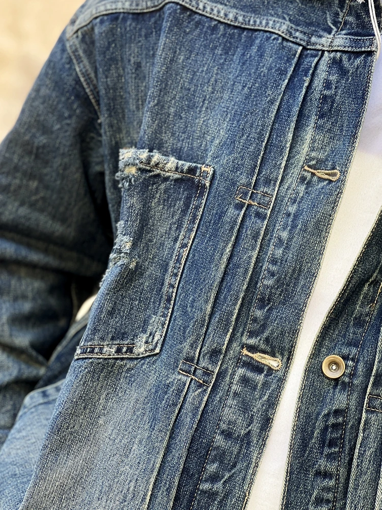 Vintage Washed Wide Fit Destroyed Japanese Style Denim Jacket Youthful Energy Cotton Long Sleeve Thickened Spring Autumn