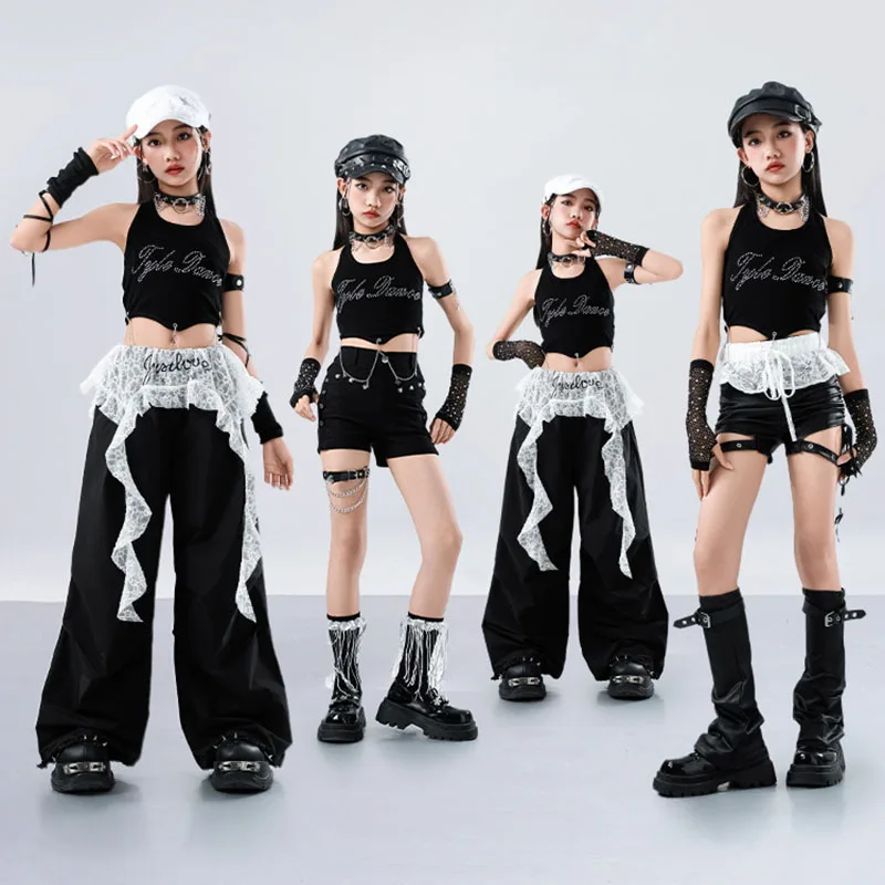 

Kid Hip Hop Clothing Black Halter Crop Tank Faux Leather Strap Shorts Lace Belt Parachute Pants for Girl Dance Costume Clothes