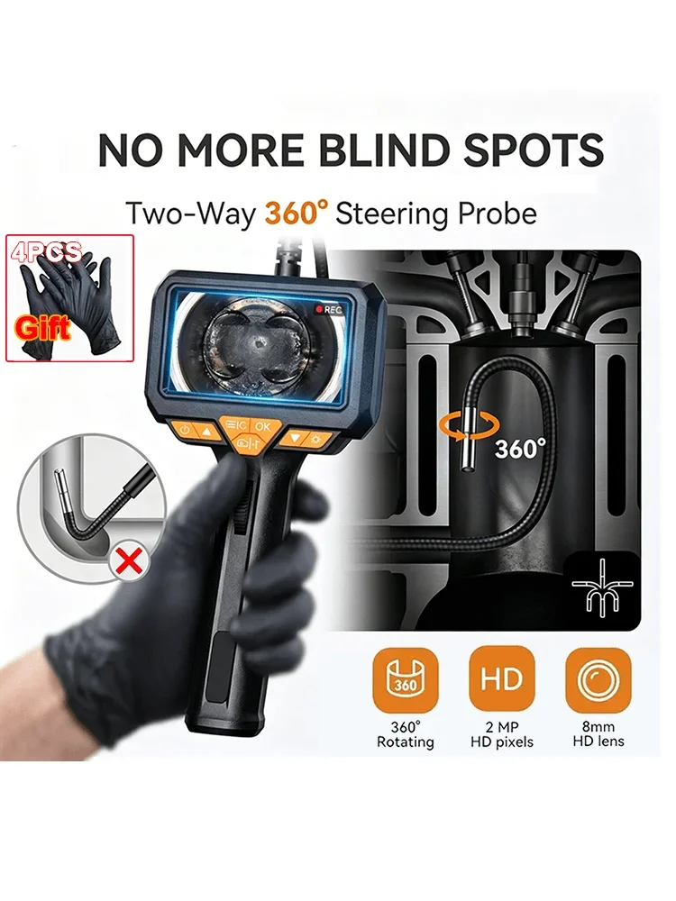 

4.3"IPS Screen 360° Steering Industrial Endoscope Camera 6/8mm Single Lens Waterproof Inspection Borescope For Car/Pipe/Repair