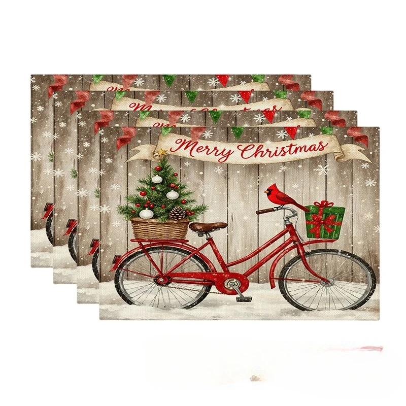 Rustic Christmas Red Bike Cardinal Snowflake Print Rectangular Placemats  Set Winter Holiday Table Decor Mats