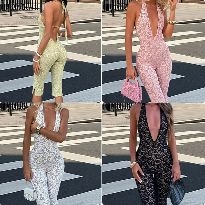 

Faionable Lace Splice V-Ne Hanging Ne с поясом Bal Split Seven-Piece Брюки Комбинезон с высокой талией Прямые штаны Лето 2025 г.