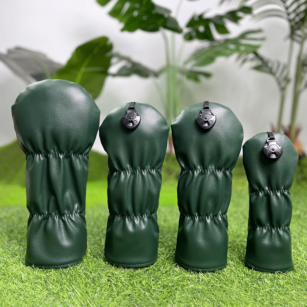 Penutup pelindung golf berwarna hijau tua, desain pola bordir, perlindungan tongkat golf yang ditingkatkan, aksesori golf, bahan PU