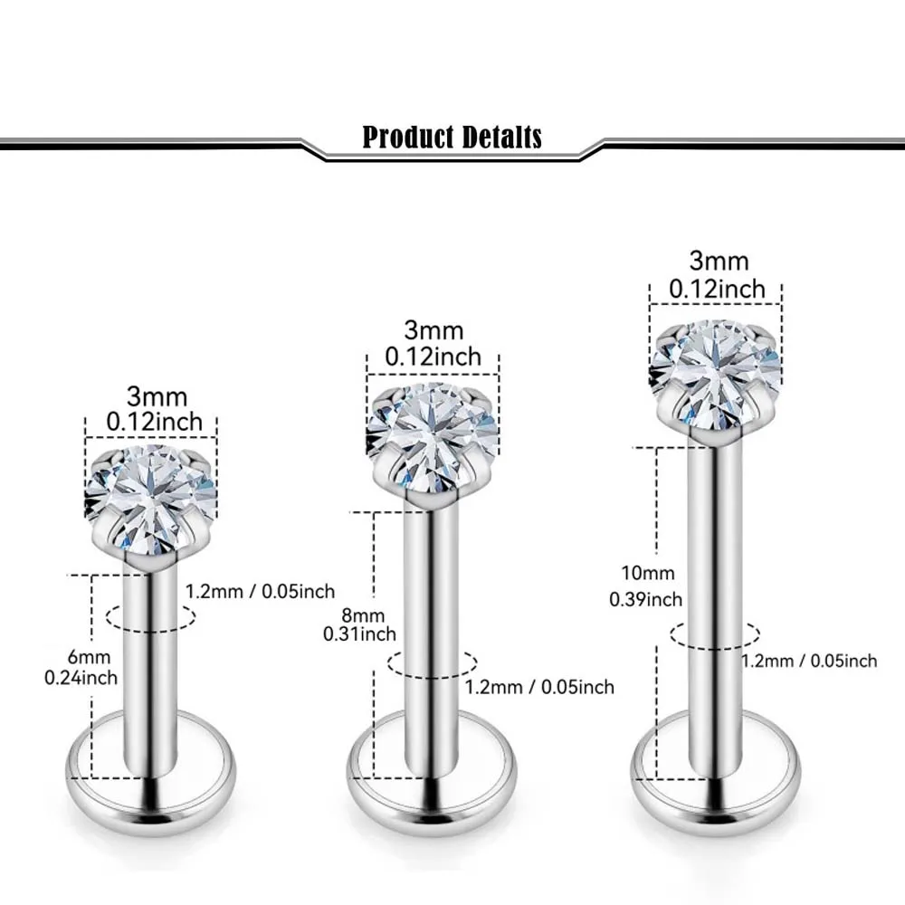 16G Lip Labret 316L Surgical Steel Internally Threaded Silver Tragus Helix Cartilage Earring Stud Piercing Jewelry for Women Men