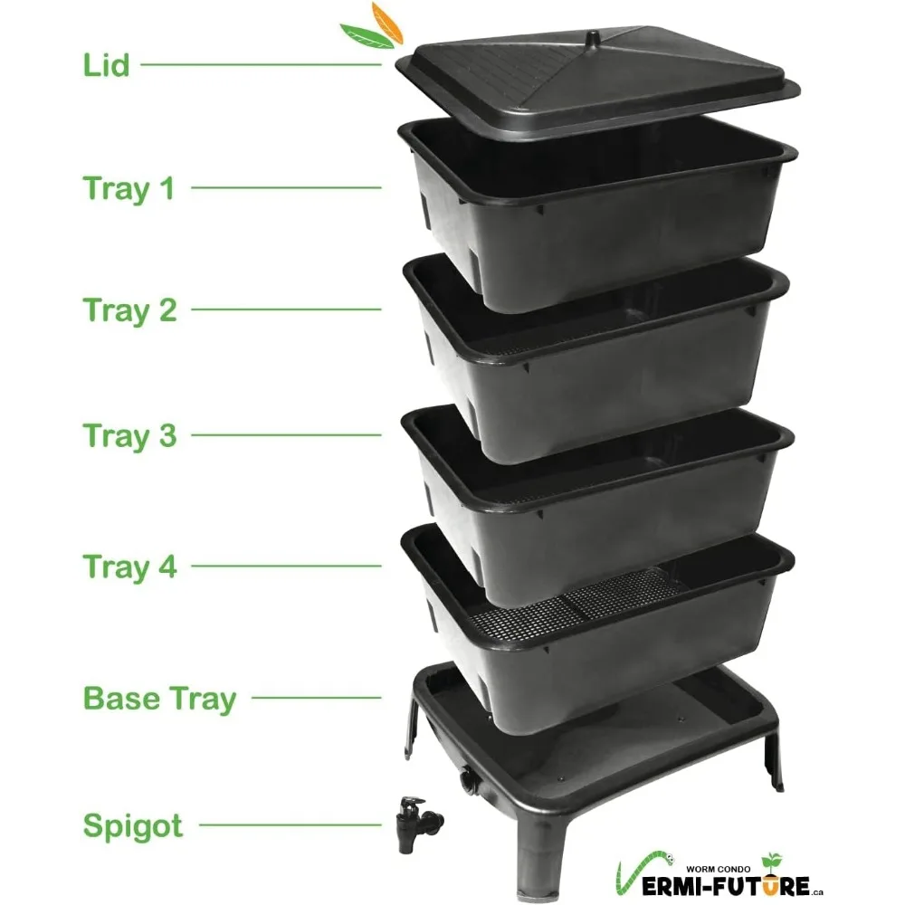 سلة سماد دودة مكونة من 4 صواني، باللون الأسود مع مقياس للفراش والتربة، مثالية للأسر الصغار #4