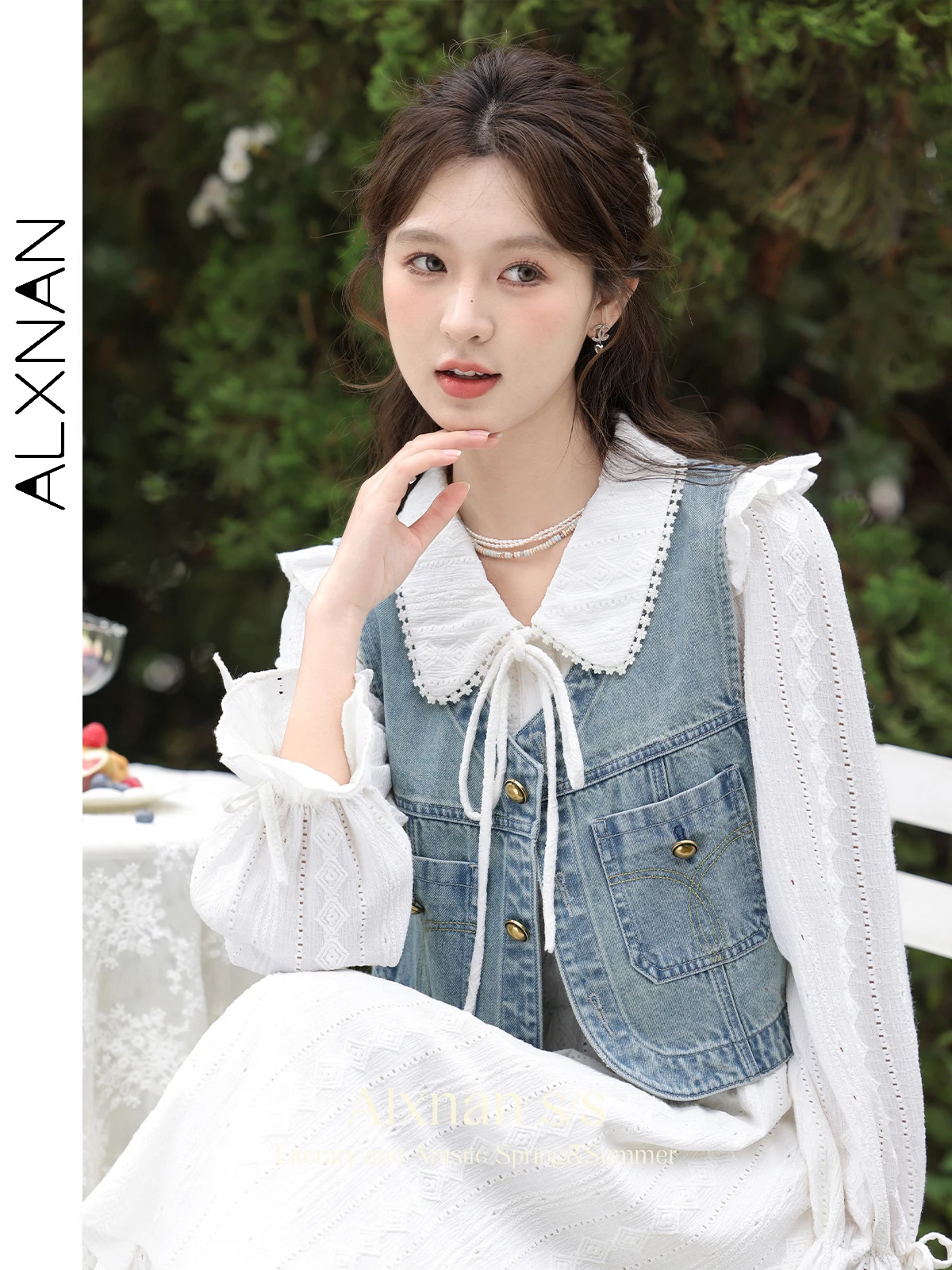 ALXNAN Women Elegant Chic White Dress 2024 Spring Frenchy Double Layer Hem Tie Front Long Sleeve Midi Dresses Clothing L33517