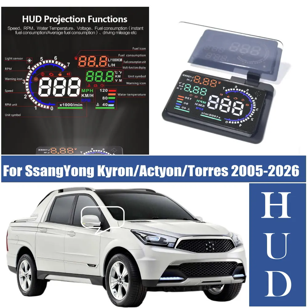 Car HUD Head Up Display LED Windshield Projection For SsangYong Kyron 2005-2014 Actyon 2005-2018 Torres J100 2022-2026